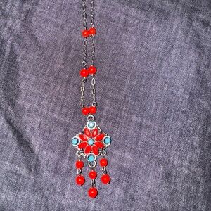 Elegant Western Style Red, Turquoise and Silver Pendant Necklace
